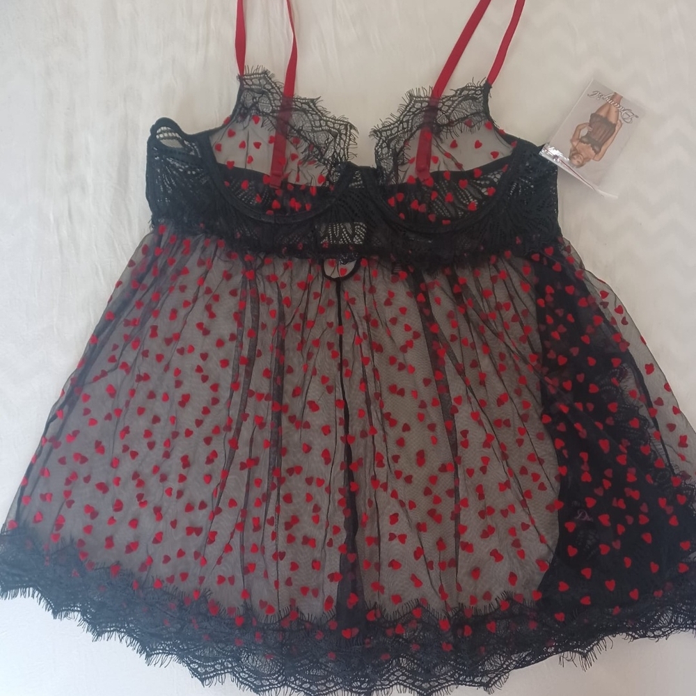 Black and Red Lace Chemise with Sheer Polka Dots